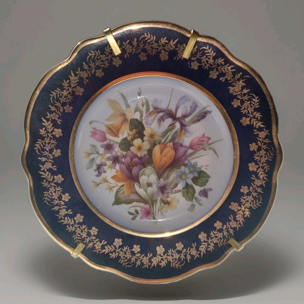 Vtg Porcelain De La Rose Limoges Royal Blue 24K Gold Trim Cabinet Plate France